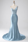 Gris bleu sirène bretelles spaghetti longue robe de bal perlée avec appliques