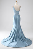 Gris bleu sirène bretelles spaghetti longue robe de bal perlée avec appliques