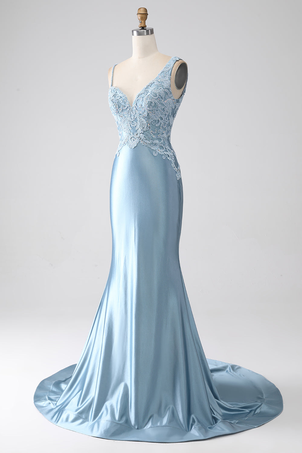 Gris bleu sirène bretelles spaghetti longue robe de bal perlée avec appliques