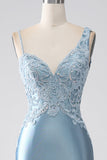 Gris bleu sirène bretelles spaghetti longue robe de bal perlée avec appliques