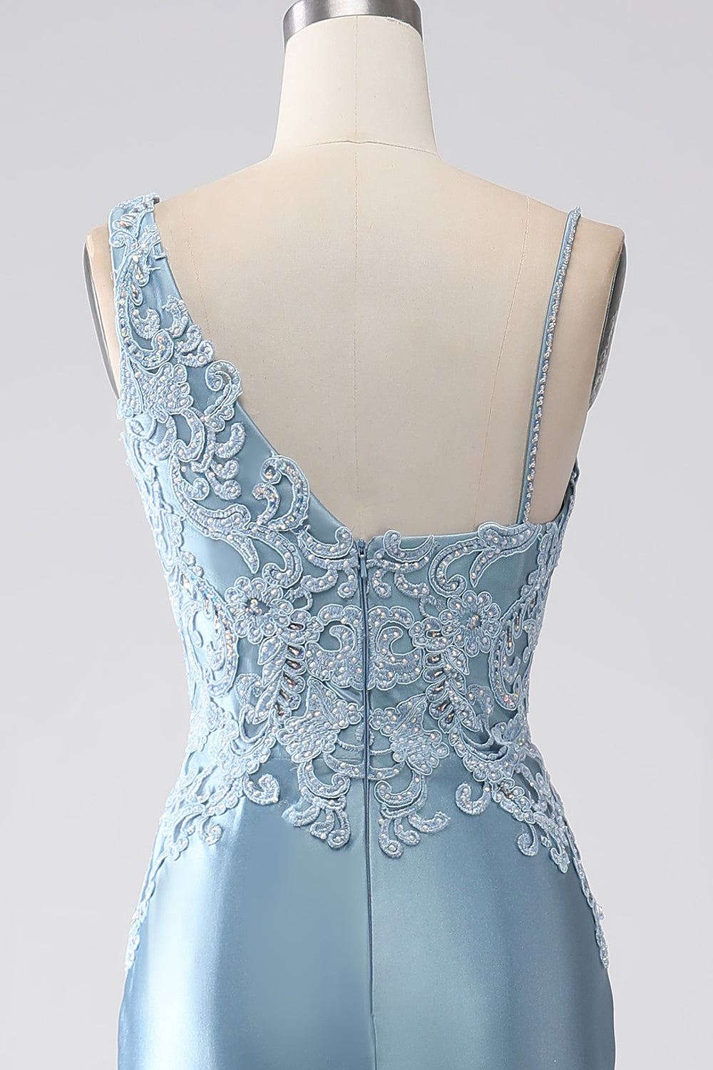 Gris bleu sirène bretelles spaghetti longue robe de bal perlée avec appliques