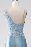 Gris bleu sirène bretelles spaghetti longue robe de bal perlée avec appliques
