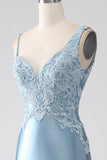 Gris bleu sirène bretelles spaghetti longue robe de bal perlée avec appliques