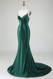 Vert foncé sirène bretelles spaghetti balayage Train robe de bal