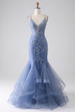 Robe de bal dos nu perlé bretelle Spaghetti sirène bleu gris avec appliques