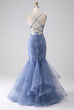 Robe de bal dos nu perlé bretelle Spaghetti sirène bleu gris avec appliques