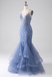 Robe de bal dos nu perlé bretelle Spaghetti sirène bleu gris avec appliques