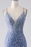 Robe de bal dos nu perlé bretelle Spaghetti sirène bleu gris avec appliques