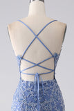 Robe de bal dos nu perlé bretelle Spaghetti sirène bleu gris avec appliques