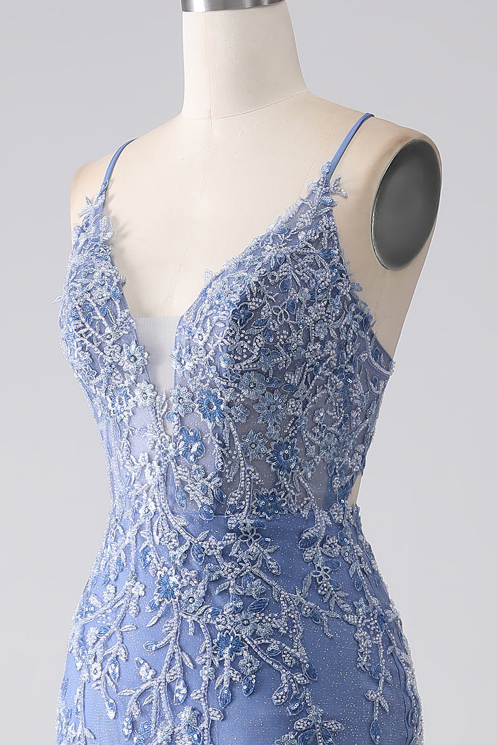 Robe de bal dos nu perlé bretelle Spaghetti sirène bleu gris avec appliques