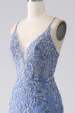 Robe de bal dos nu perlé bretelle Spaghetti sirène bleu gris avec appliques