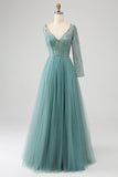 Gris vert A-ligne scintillant paillettes longue Corset robe de bal
