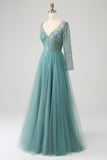 Gris vert A-ligne scintillant paillettes longue Corset robe de bal