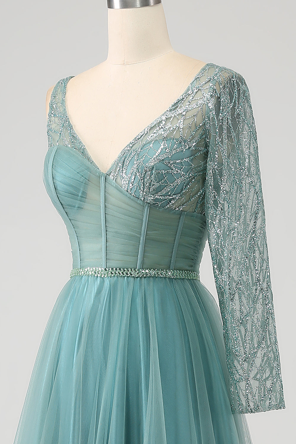 Gris vert A-ligne scintillant paillettes longue Corset robe de bal