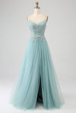 Robe de bal Corset à paillettes Applique vert clair scintillant avec fente