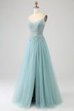 Robe de bal Corset à paillettes Applique vert clair scintillant avec fente