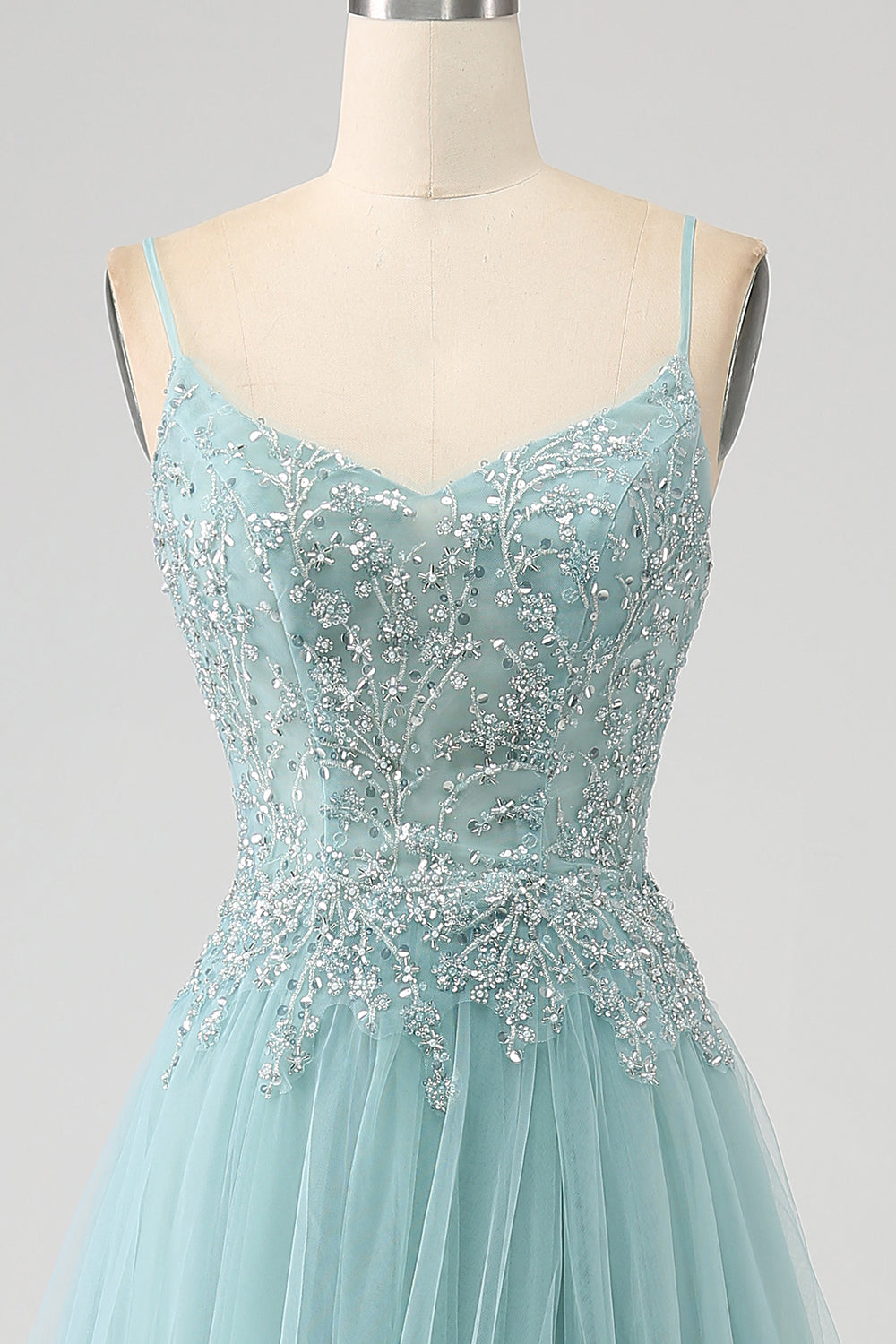 Robe de bal Corset à paillettes Applique vert clair scintillant avec fente