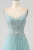 Robe de bal Corset à paillettes Applique vert clair scintillant avec fente
