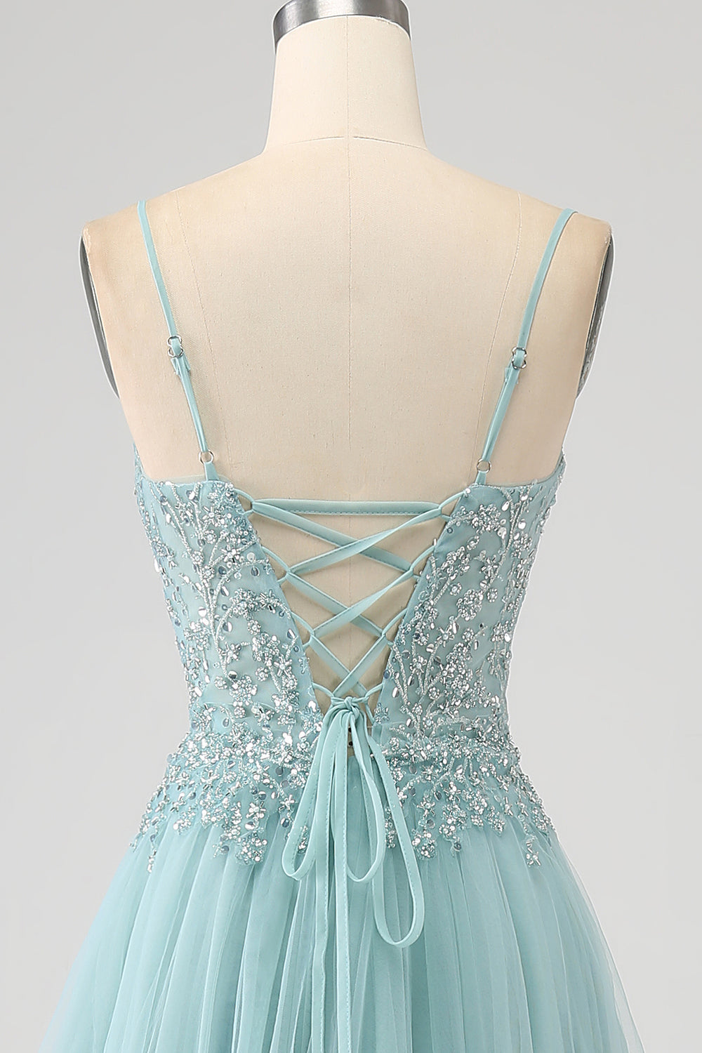 Robe de bal Corset à paillettes Applique vert clair scintillant avec fente