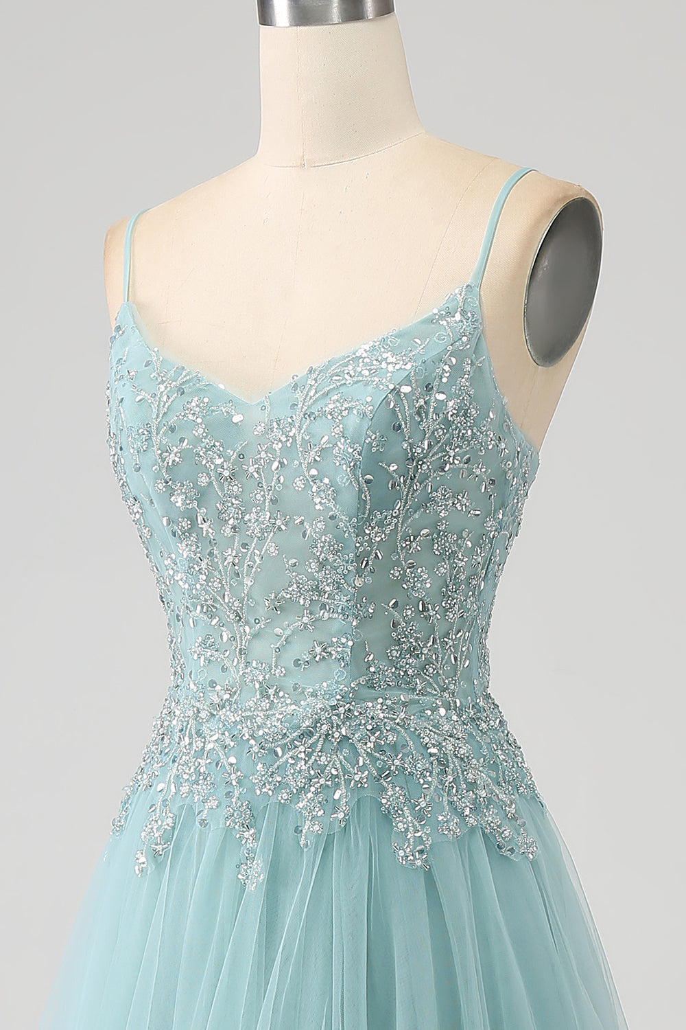 Robe de bal Corset à paillettes Applique vert clair scintillant avec fente