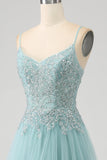 Robe de bal Corset à paillettes Applique vert clair scintillant avec fente