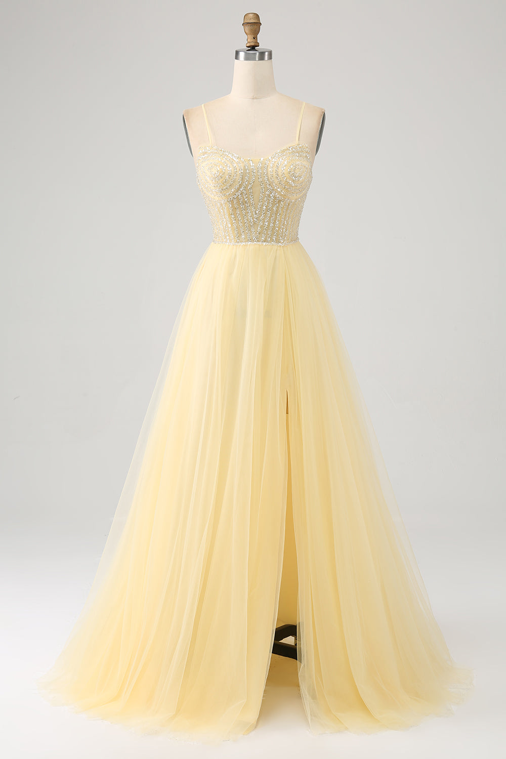Fente Robe Queendancer Femmes Perles Robe de bal jaune clair avec fente Tulle A ...
