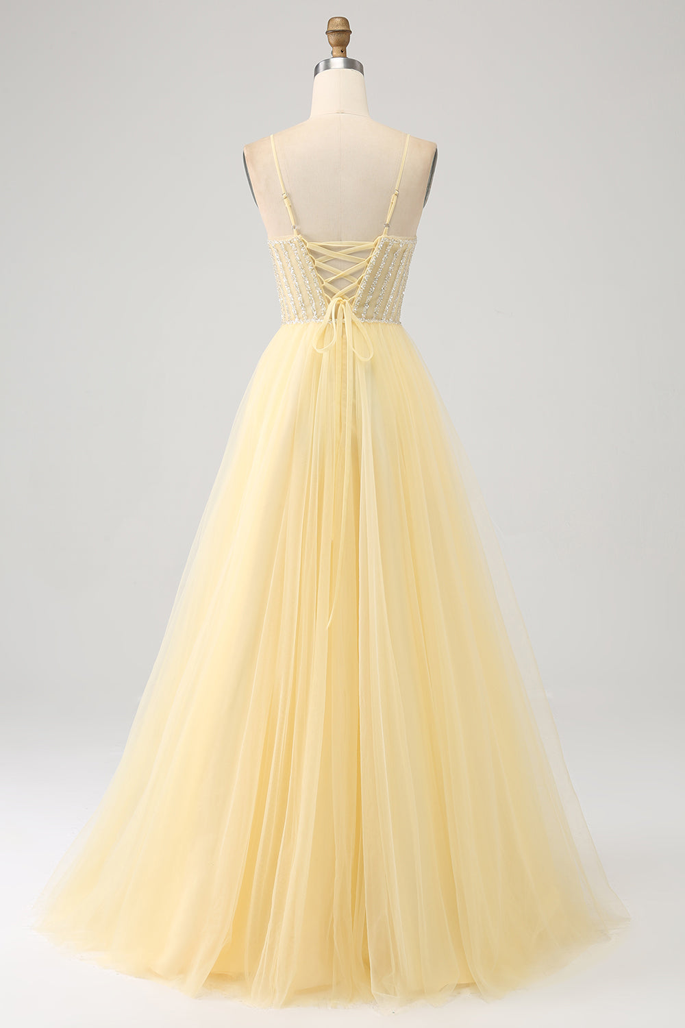 Fente Robe Queendancer Femmes Perles Robe de bal jaune clair avec fente Tulle A ...