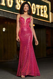 Superbe sirène bretelles spaghetti fuchsia paillettes corset robe de bal