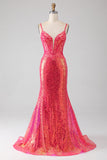 Robe de bal sirène fuchsia scintillante avec paillettes