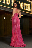 Superbe sirène bretelles spaghetti fuchsia paillettes corset robe de bal