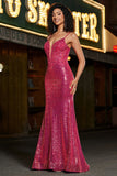 Superbe sirène bretelles spaghetti fuchsia paillettes corset robe de bal