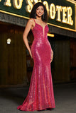 Superbe sirène bretelles spaghetti fuchsia paillettes corset robe de bal