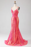 Robe de bal sirène fuchsia scintillante avec paillettes