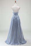 Glitter A-Line Spaghetti Bretelles Gris Bleu Robe de bal