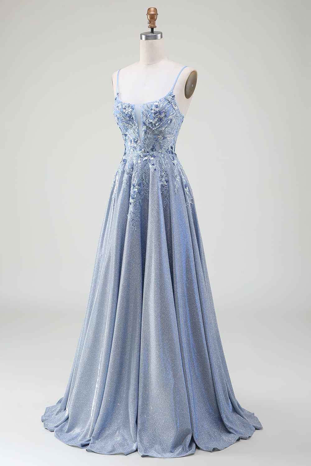 Glitter A-Line Spaghetti Bretelles Gris Bleu Robe de bal