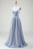Glitter A-Line Spaghetti Bretelles Gris Bleu Robe de bal