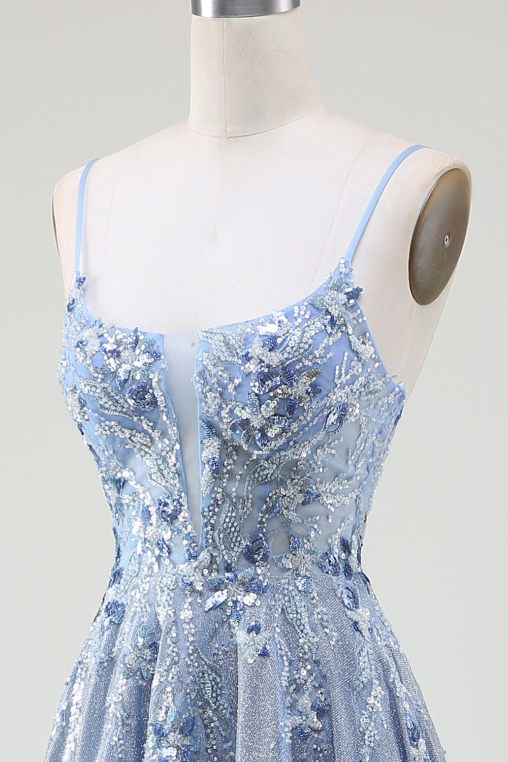 Glitter A-Line Spaghetti Bretelles Gris Bleu Robe de bal
