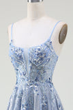 Glitter A-Line Spaghetti Bretelles Gris Bleu Robe de bal