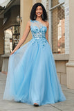 Magnifique une ligne une épaule bleu clair Corset robe de bal avec des Appliques