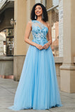 Magnifique une ligne une épaule bleu clair Corset robe de bal avec des Appliques