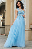 Magnifique une ligne une épaule bleu clair Corset robe de bal avec des Appliques