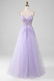 Brillant violet clair A-ligne Spaghetti bretelles longue robe de bal avec perles