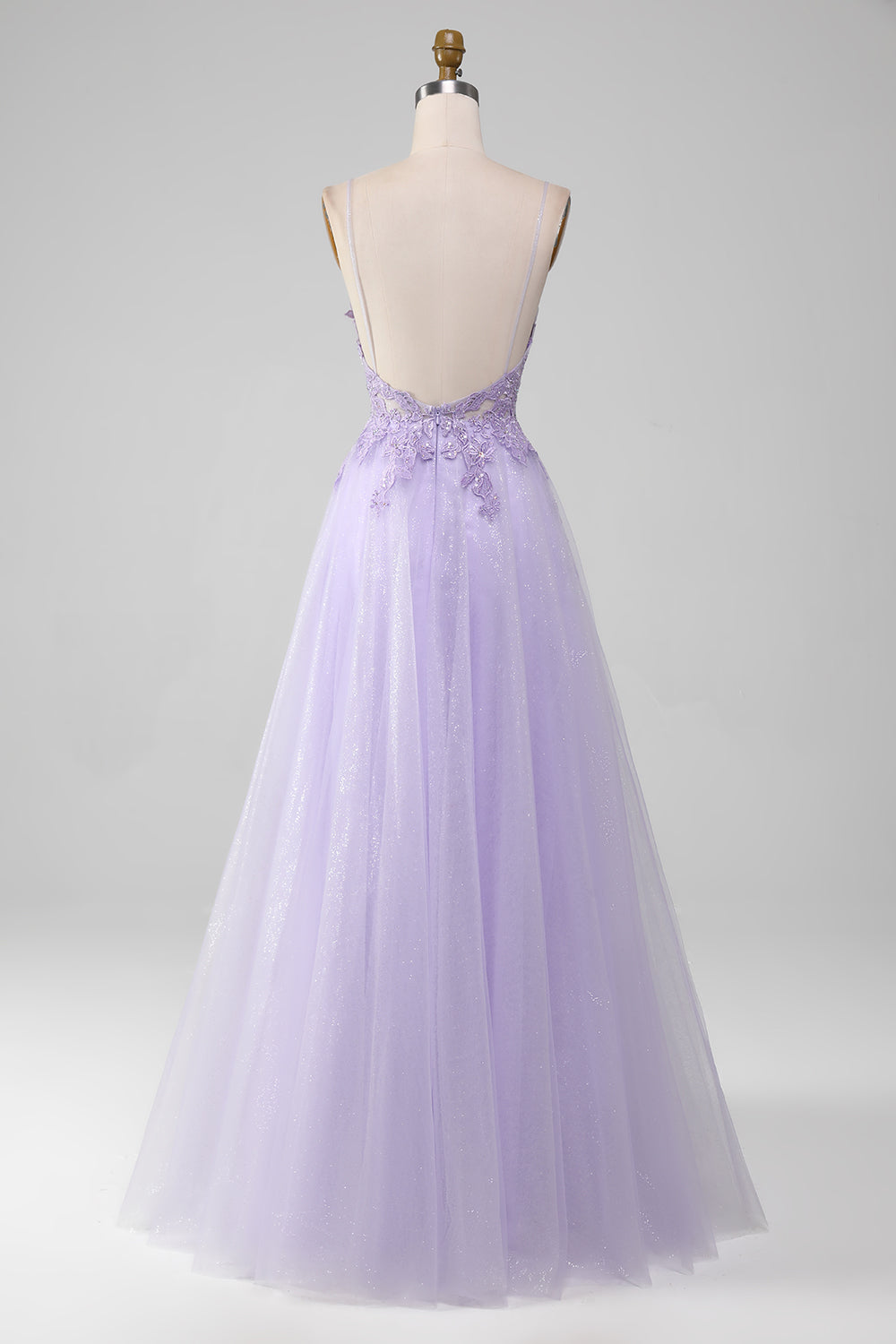 Brillant violet clair A-ligne Spaghetti bretelles longue robe de bal avec perles
