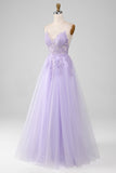 Brillant violet clair A-ligne Spaghetti bretelles longue robe de bal avec perles
