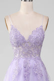 Brillant violet clair A-ligne Spaghetti bretelles longue robe de bal avec perles