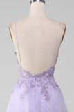 Brillant violet clair A-ligne Spaghetti bretelles longue robe de bal avec perles