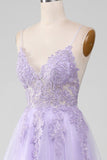 Brillant violet clair A-ligne Spaghetti bretelles longue robe de bal avec perles