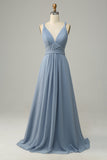 Robe de demoiselle d'honneur longue bleu poudré à col en V profond et ligne A