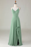 Robe de demoiselle d'honneur longue à bretelles spaghetti Matcha avec Volants