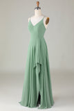 Robe de demoiselle d'honneur longue à bretelles spaghetti Matcha avec Volants